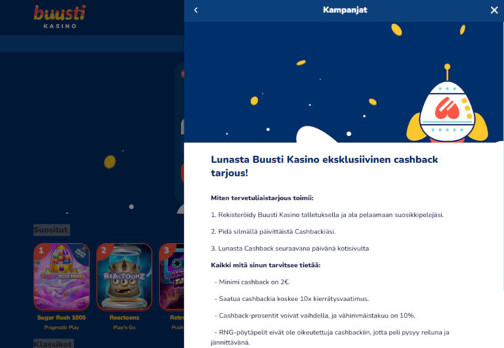 buusti kasino käteispalautus