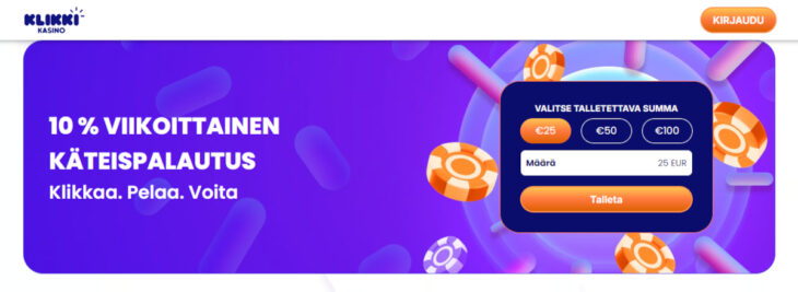 klikki kasino käteispalautus