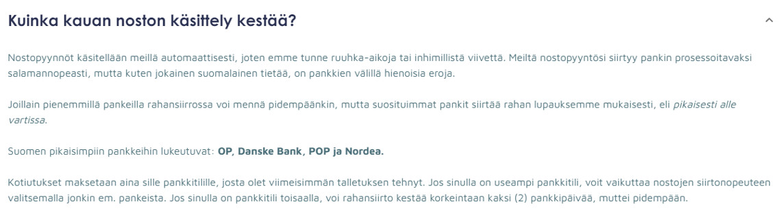 pikakasino käsittelyajat