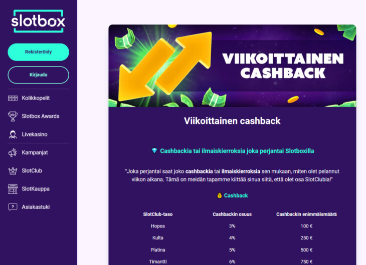 slotbox käteispalautus