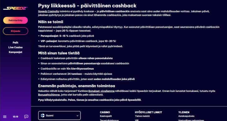 speedz casino käteispalautus