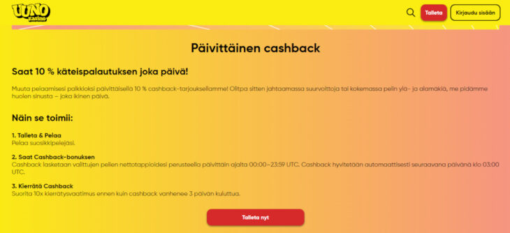 uuno kasino käteispalautus